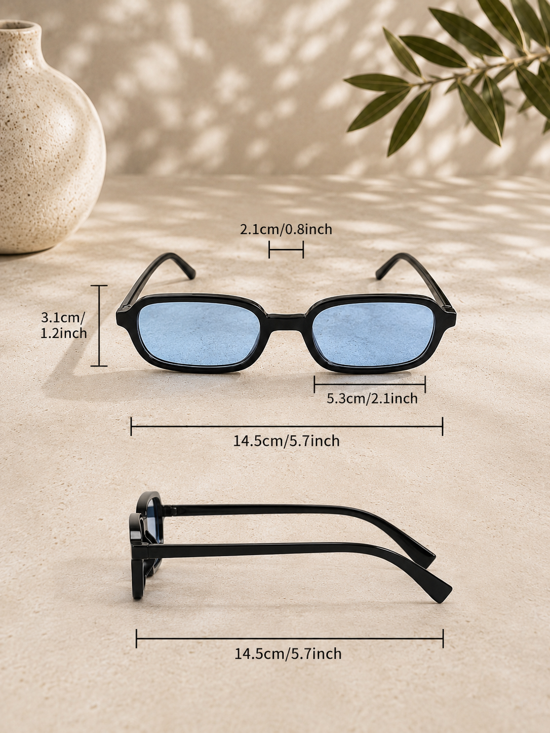 Schmale Retro-Sonnenbrille in Schwarz mit Blauen Gläsern