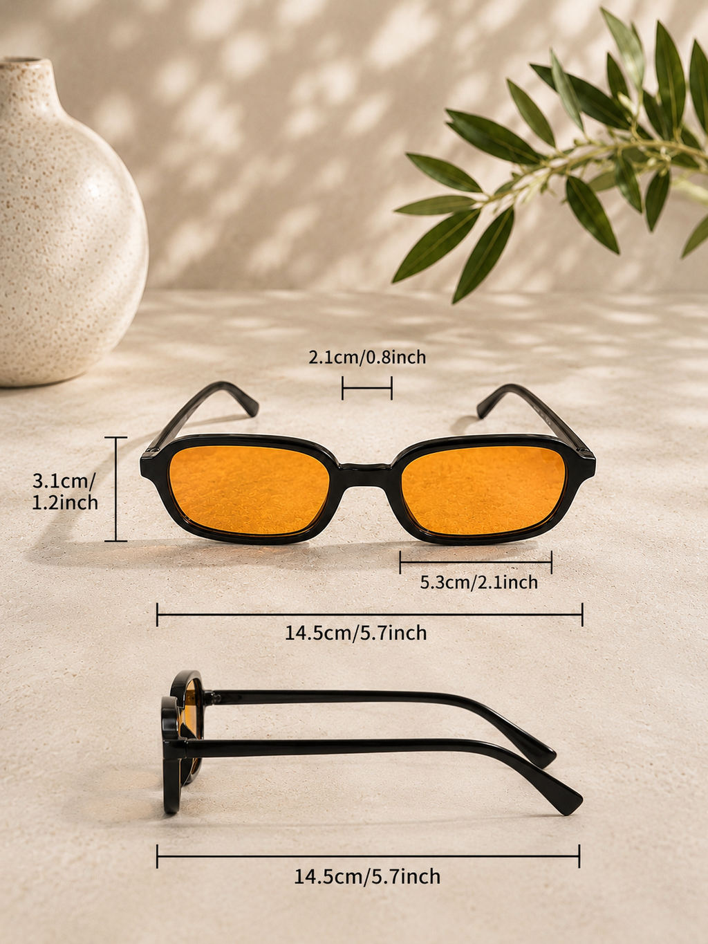 Schmale Retro-Sonnenbrille in Schwarz mit Orangenen Gläsern