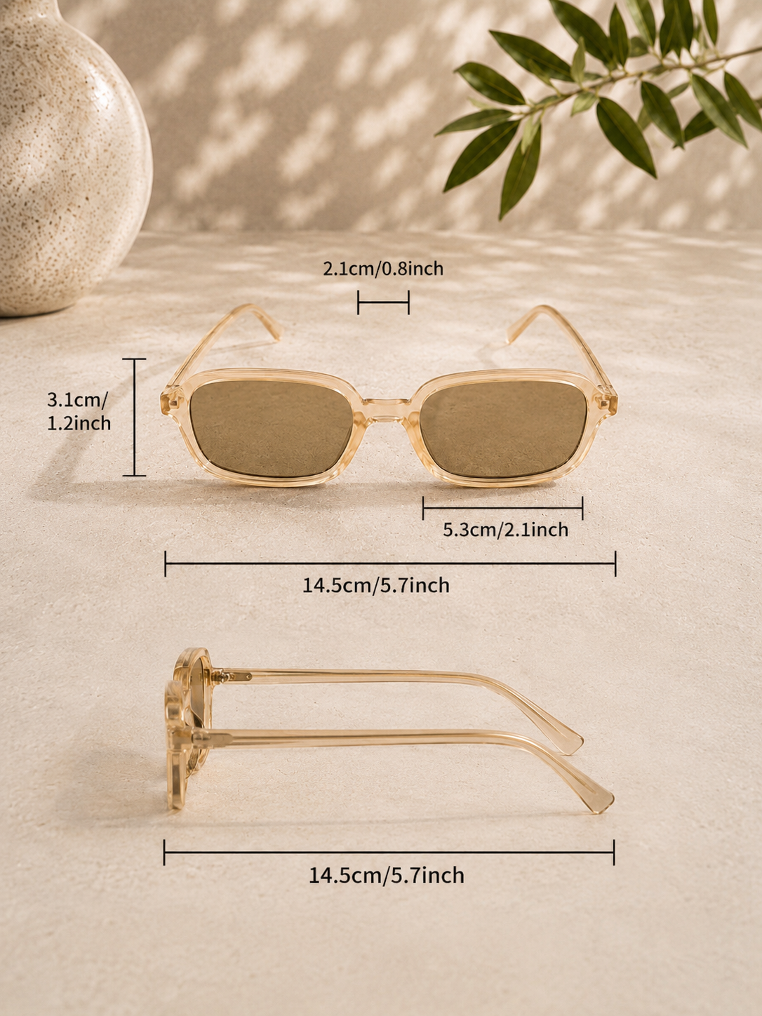 Schmale Retro-Sonnenbrille in Transparent Rosé Beige mit braunen Gläsern