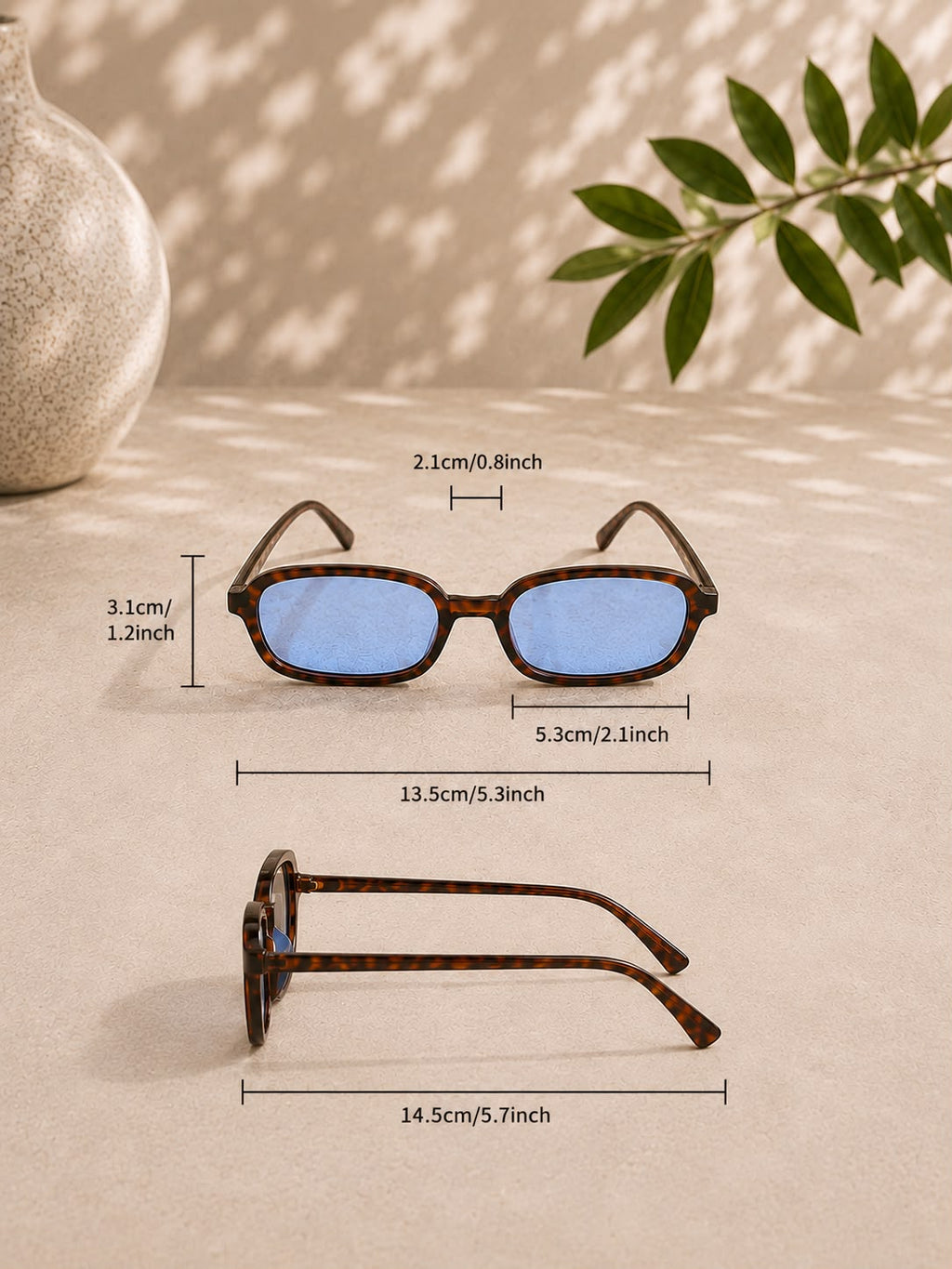 Schmale Retro-Sonnenbrille in Braun Orange Leopardenmuster mit blauen Gläsern